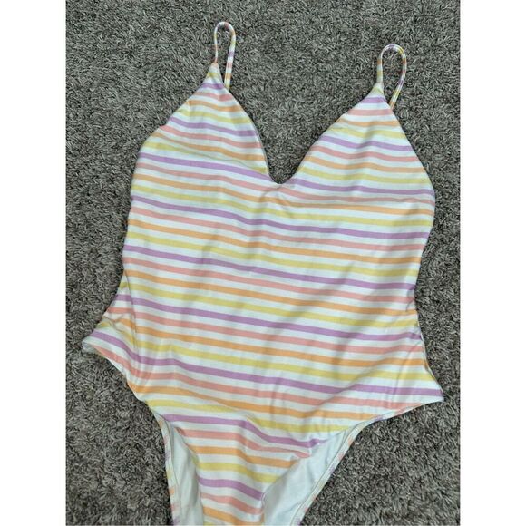 PacSun LA Hearts One Piece Swimsuit Women’s S Pink/Orange/Yellow Stripes Low Cut - Picture 5 of 7